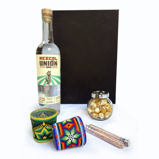 Set Mezcal Unión con Vasos de Arte Huichol y Sales Gourmet | Regalo Empresarial Premium