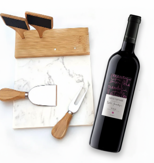 Regalo empresarial con Cristóforo tempranillo- rioja 2020 y Tabla de Quesos de Mármol con Pizarra Exclusivo
