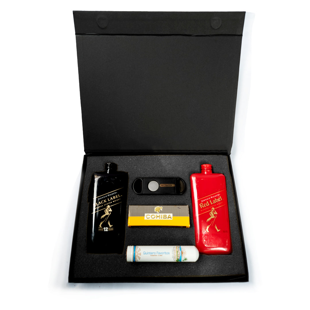 kit de Lujo con Whisky y Accesorios – Botella Black Label, Red Label, Puro, Cerillos Cohiba y Cortador de Puro| Exclusivo