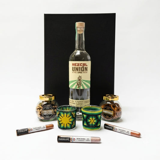 Set Mezcal Unión con Vasos de Arte Huichol y Sales Gourmet | Regalo Empresarial Premium