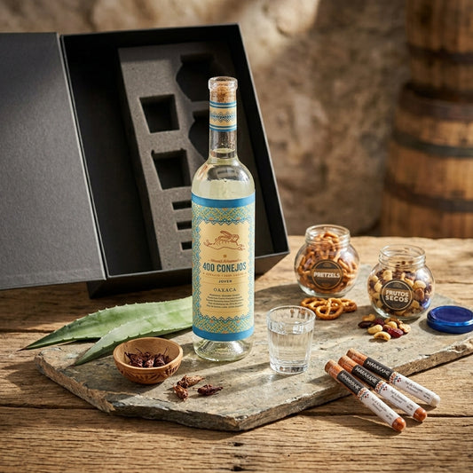 Regalo empresarial de lujo mezcal 400 Conejos con mezcaleros y complementos para maridar