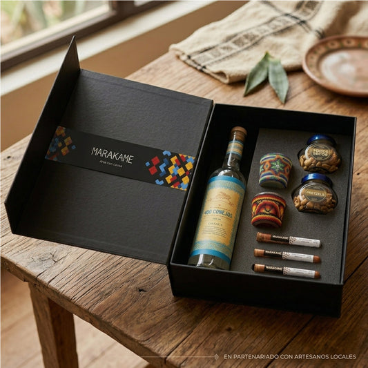Regalo corporativo premium mezcal 400 Conejos con mezcaleros Arte Huichol y complementos para maridar