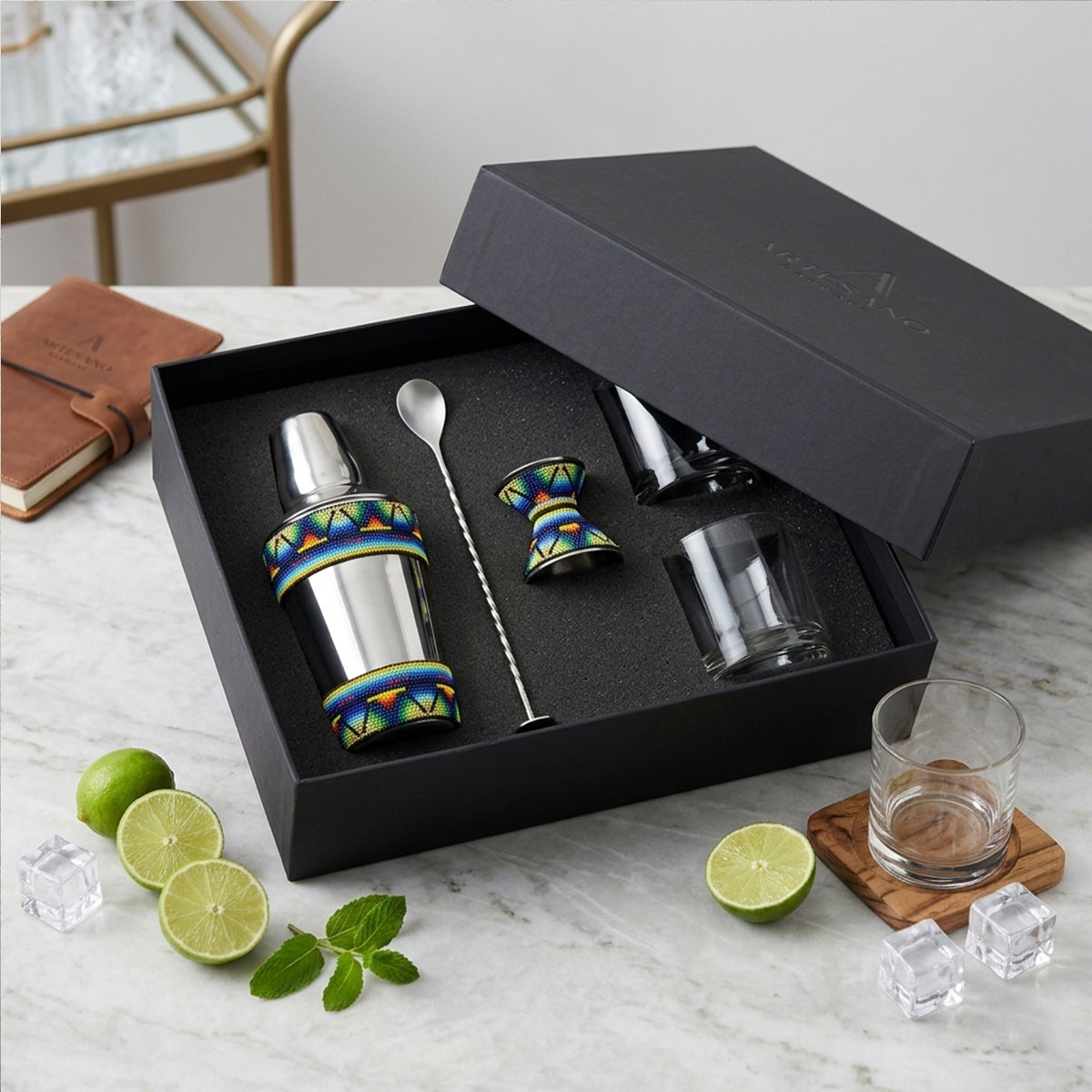 Regalo corporativo premium accesorios para cocteleria arte Huichol