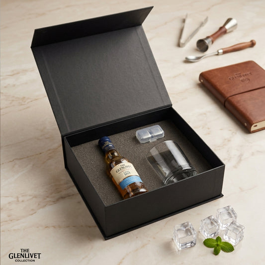 Regalo empresarial de lujo The Glenlivet Founder´s Reserve con vaso y enfriadores