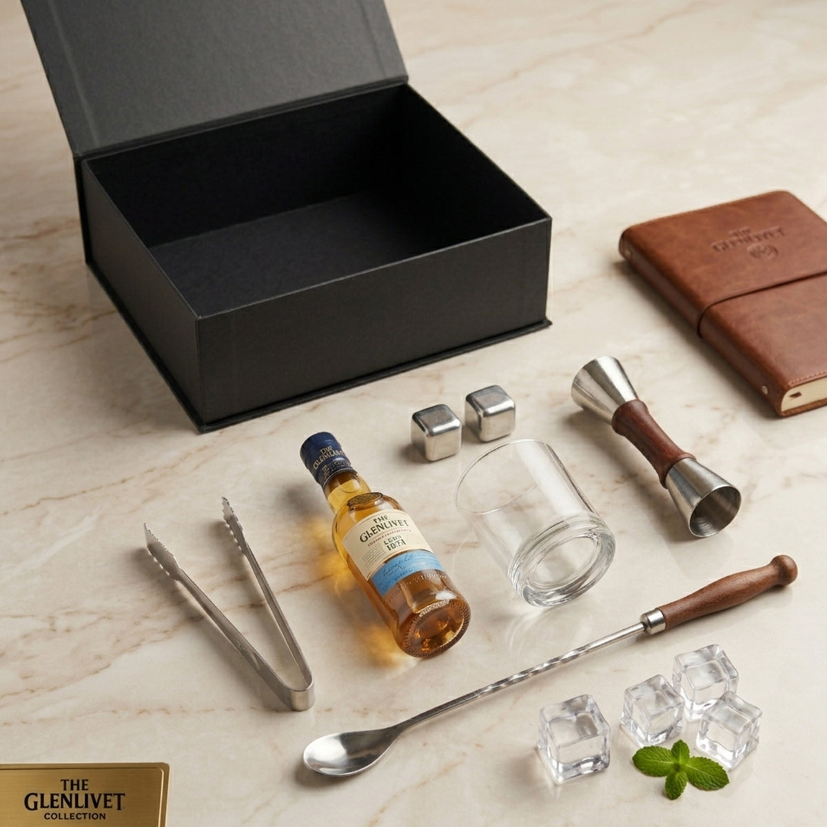 Regalo empresarial de lujo The Glenlivet Founder´s Reserve con vaso y enfriadores