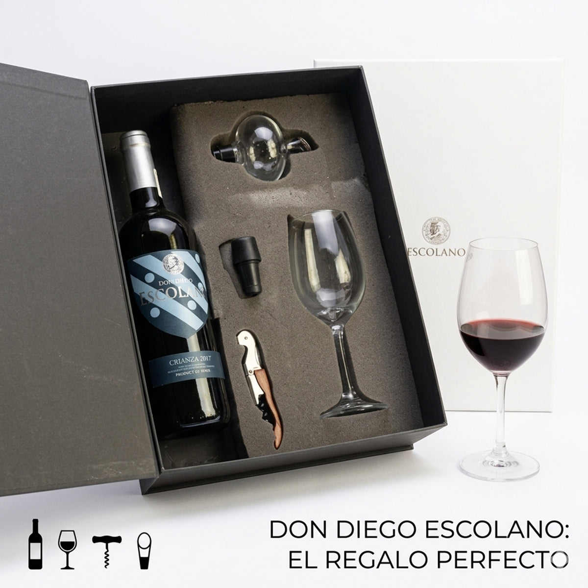 Regalo empresarial de lujo vino Escolano Crianza 2017 con accesorios para cata