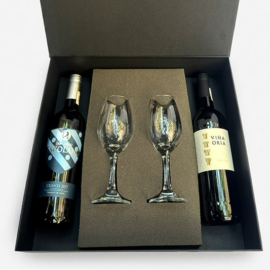 Regalo empresarial de lujo vino Escolano Crianza 2017 y Viña Oria Garnacha con copas para cata