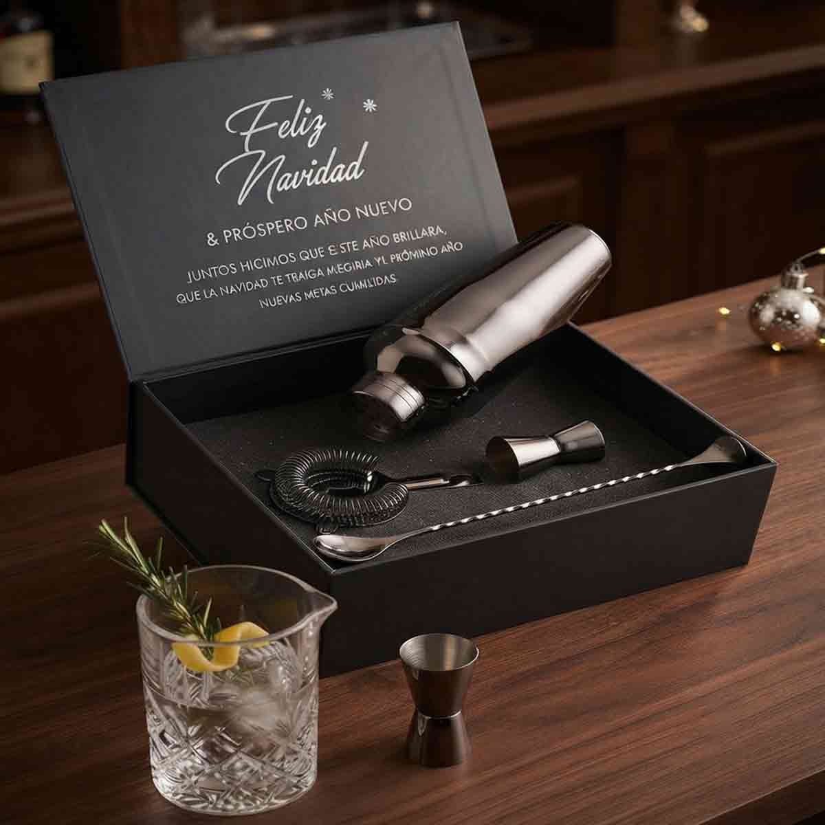 Set de Coctelería de Lujo en Estuche Negro | Shaker, Colador, Jigger y Cuchara | Premium