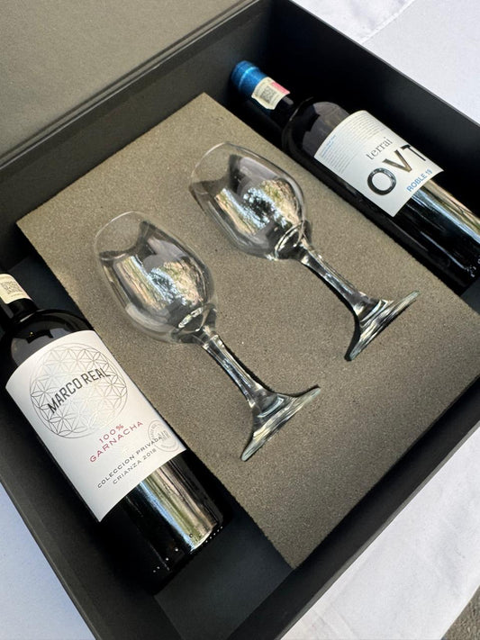 Regalo empresarial de lujo Vino Marco Real y Terrai OVT con copas para cata