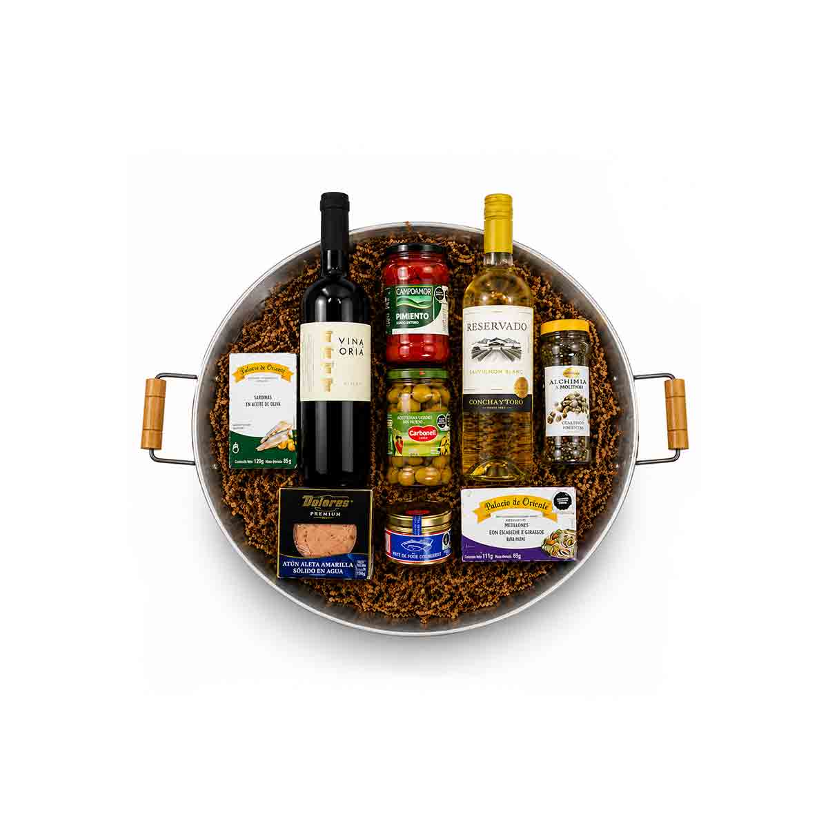 Canasta paellera de Lujo empresarial- Vino, Exclusiva de Especialidades de productos gourmet.
