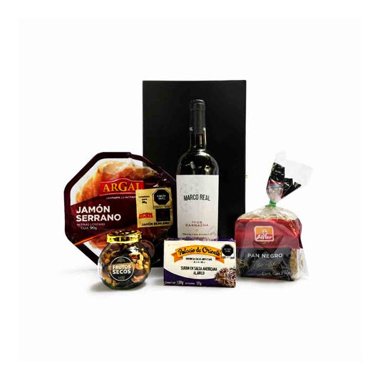 Canasta corporativo de lujo Vino tinto Marco Real con complementos gourmet
