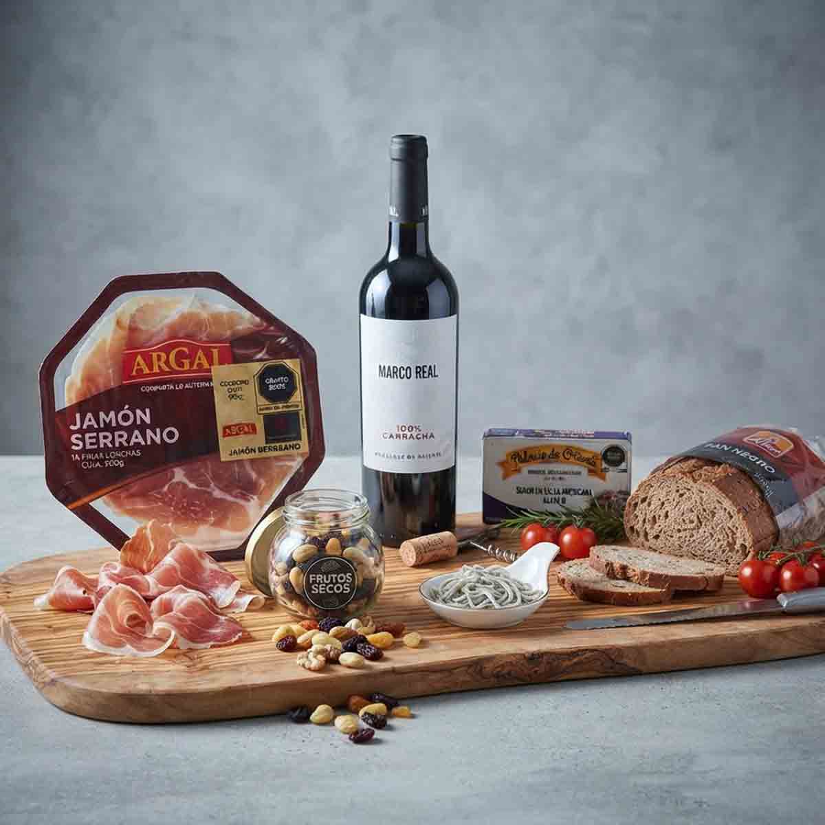 Canasta corporativo de lujo Vino tinto Marco Real con complementos gourmet