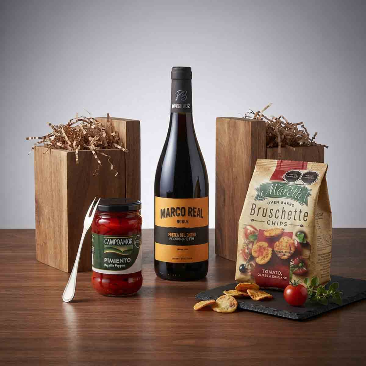 Canasta Corporativa con vino Marco Real y complementos de Lujo