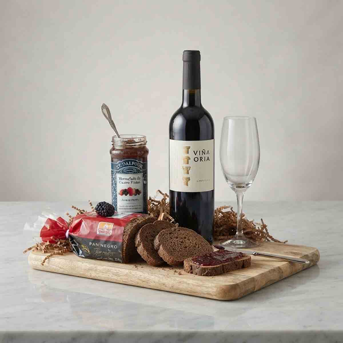 Canasta Gourmet "Casita Viña Oria" y copa con complementos premium