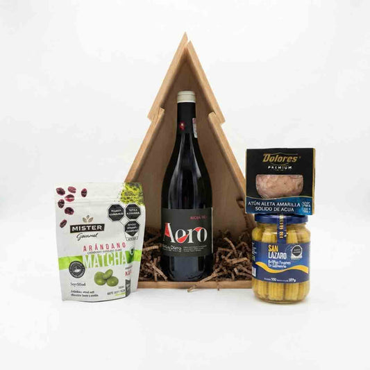 Canasta de pino con Vino Tinto y Deliciosos complementos gourmet