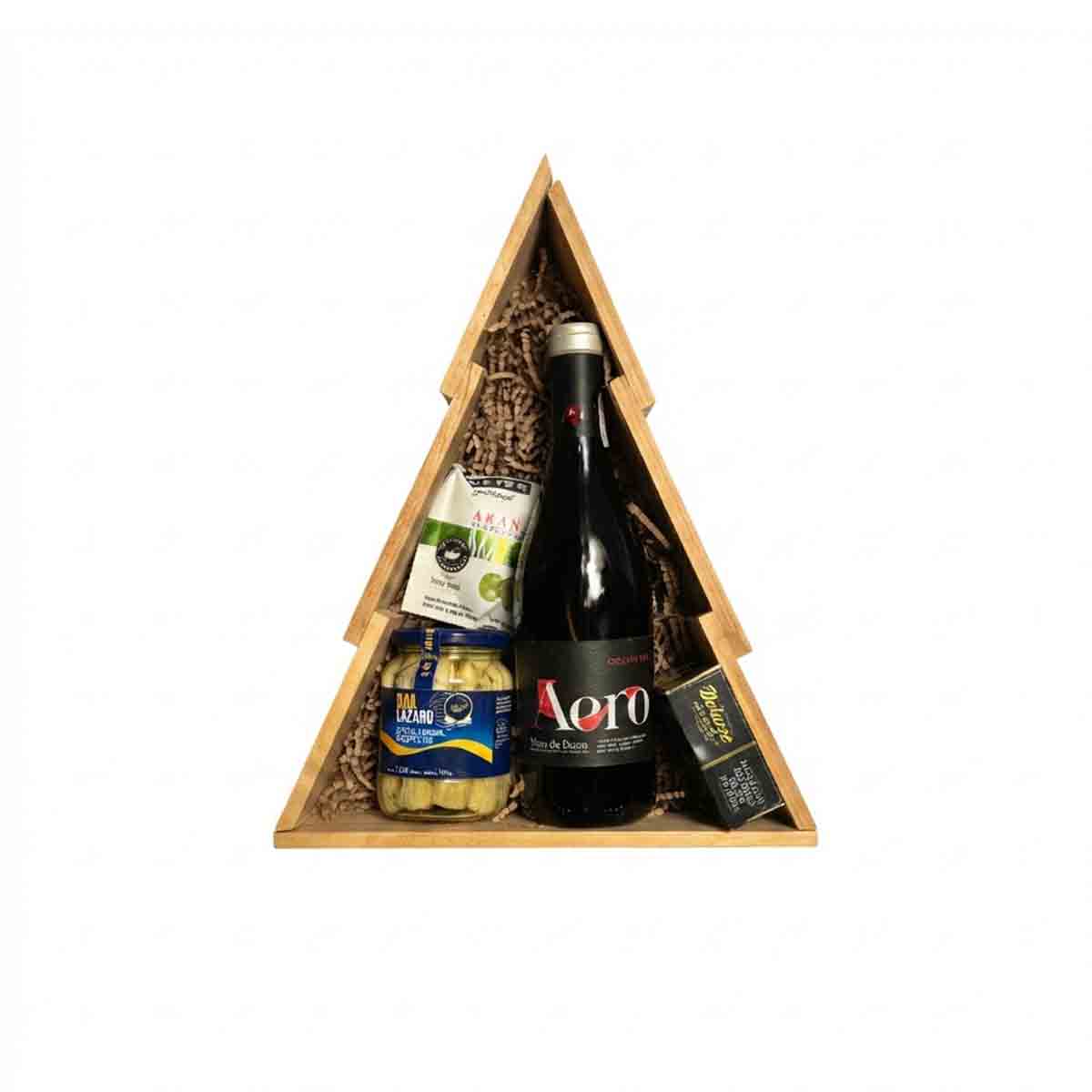 Canasta de pino con Vino Tinto y Deliciosos complementos gourmet