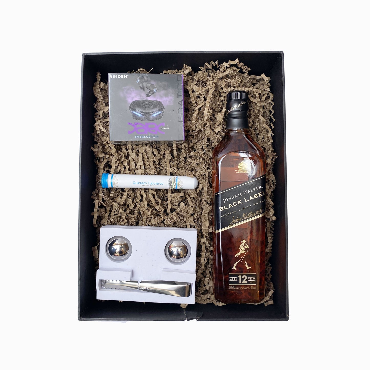 kit de regalo Black Label con audifonos y puro