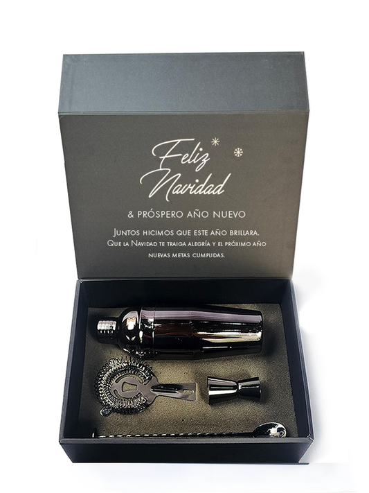 Set de Coctelería de Lujo en Estuche Negro | Shaker, Colador, Jigger y Cuchara | Premium
