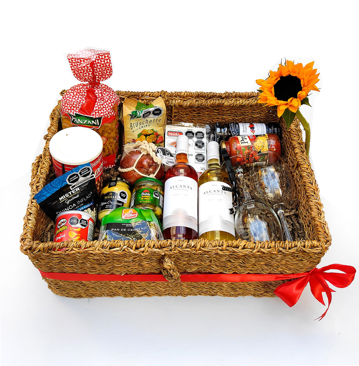 Canasta Navideña Y Arcones Para Regalo Premium Para Picnic Con Vinos Alcanta, Copas De Cristal Y Complementos Gourmet
