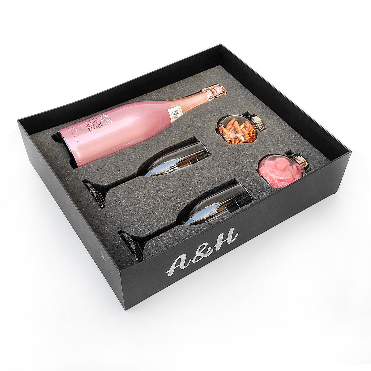 Kit Cava Rosé con Copas y Garnituras en Caja Negra