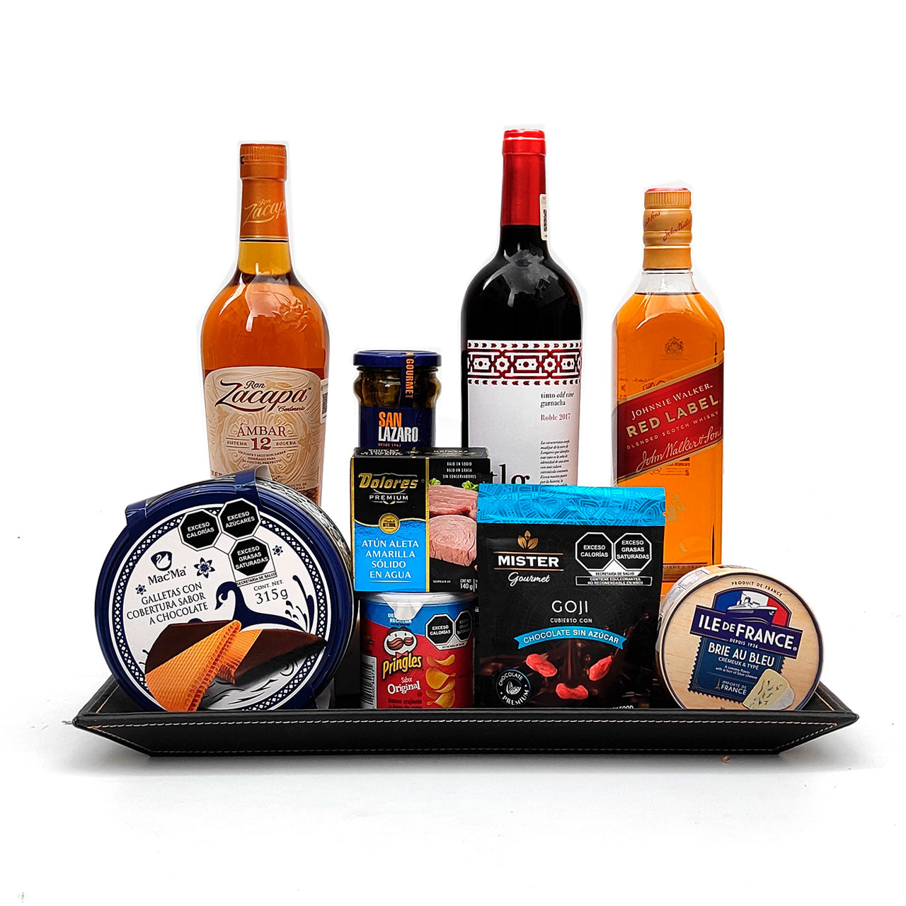 Charola de Piel con Destilados Selectos, Zacapa12, Red Label y Vino Tinto TLG