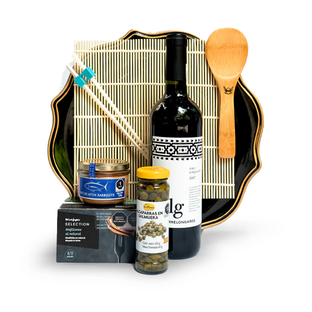 Canasta Gourmet con Vino y Kit de Sushi – Mejillones, Paté de Atún, Alcaparras en Salmuera y Vino Seleccionado| Envíos nacionales