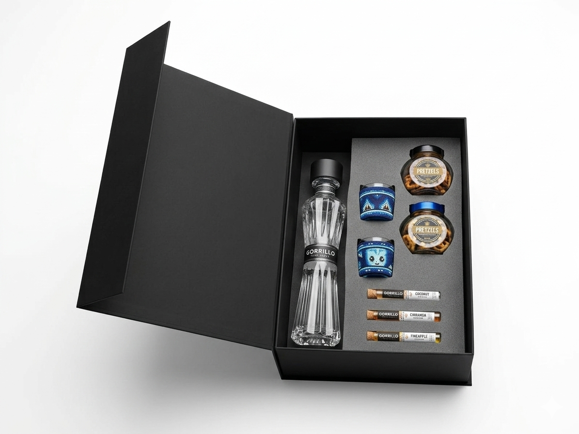 Regalo corporativo premium tequila Eterno con mezcaleros Arte Huicho y complementos para maridar