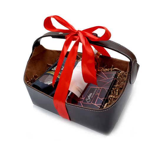 Canasta Navideña Para Regalo Empresarial Premium Con Vino Rosado Alcanta, Chocolates de Autor Y Café Gourmet