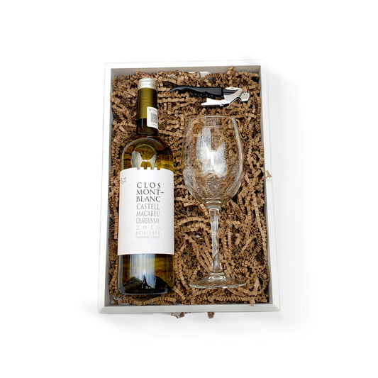 Regalo En Canastas Navideñas Con Vino Blanco Clos Montblanc, Sacacorchos Y Copa