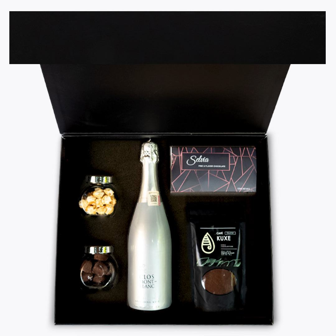 Kit Clos Mont-Blanc: vino espumoso, chocolates y complementos gourmet en caja de lujo. Regalo corporativo premium|Envíos nacionales