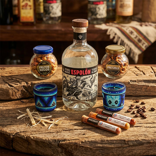 Regalo corporativo premium tequila Espolón con mezcaleros Arte Huichol y complementos artesanales