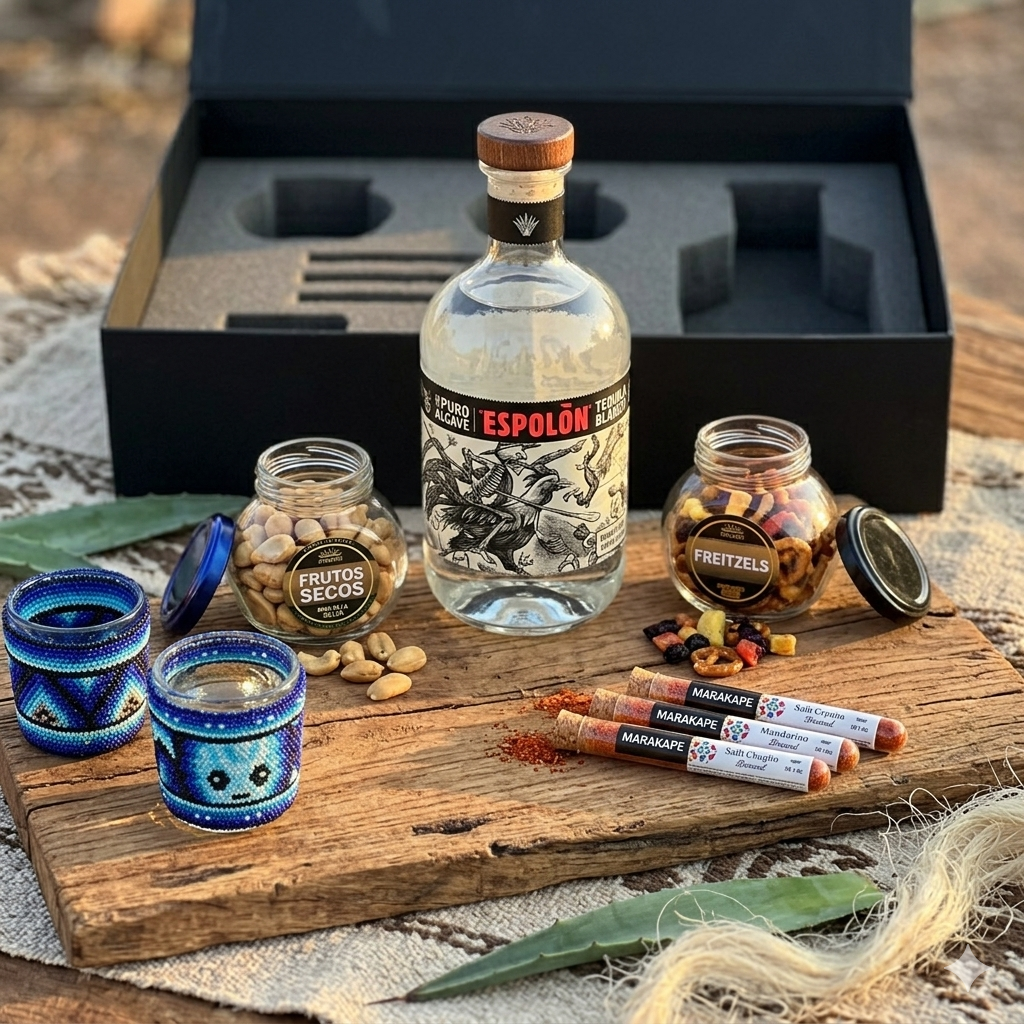Regalo corporativo premium tequila Espolón con mezcaleros Arte Huichol y complementos artesanales