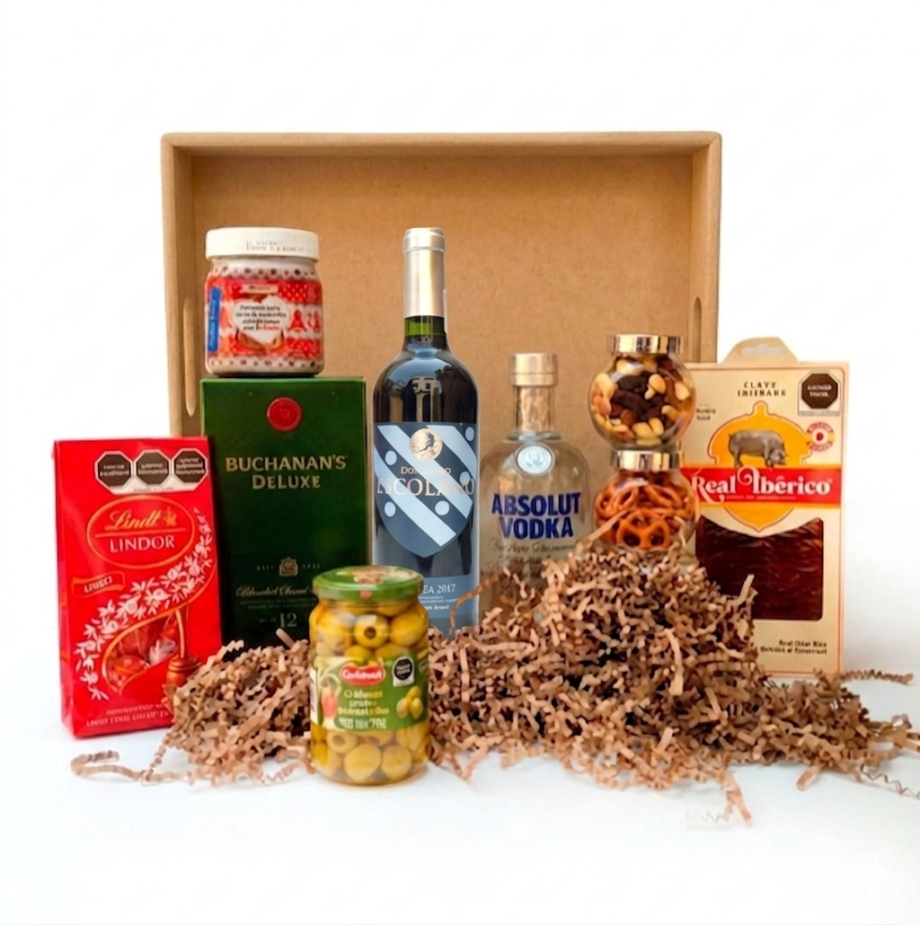Canasta empresarial de lujo con Vino Tinto Don Diego Escolano, Whisky Buchanans y Absolut Vodka