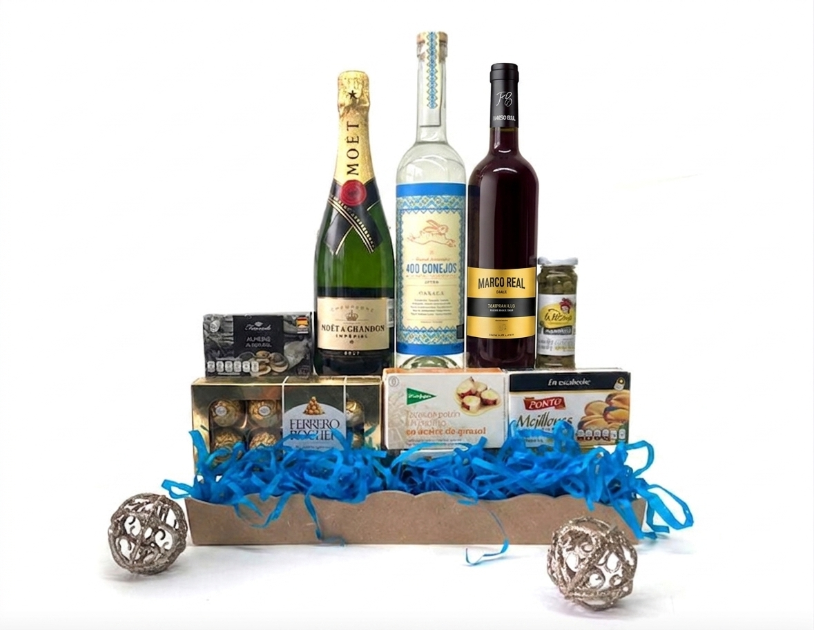 Canasta Corporativa con Moët Chandon, Mezcal 400 Conejos y Vino Tinto Clos Montblanc Regalo de Lujo