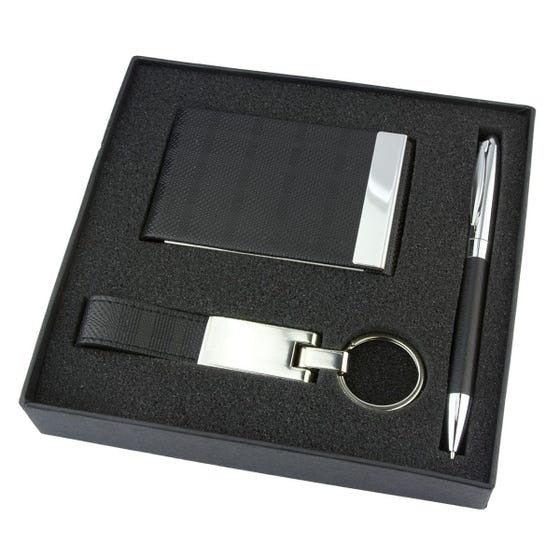 Set Ejecutivo de Lujo: Llavero, Tarjetero, Bolígrafo y Caja de Regalo