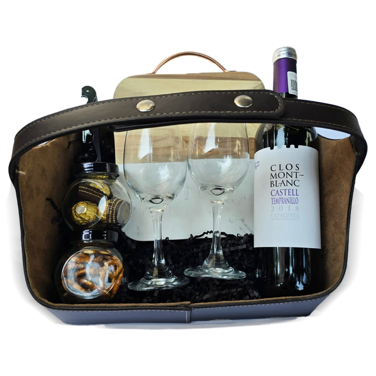 Canasta Premium de Vino y Accesorios - Vino Clos Montblanc, Copas Elegantes y Deliciosas Botanas