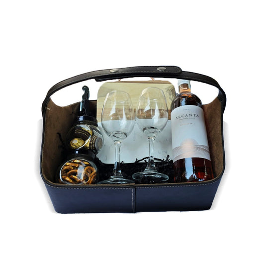 Canasta Premium de Vino Alcanta Rosado - Copas Elegantes, Descorchador de Tres Tiempos y Botanas Gourmet