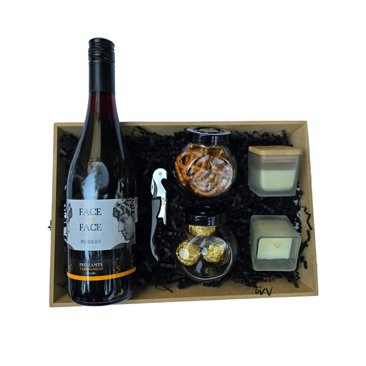 Canasta Premium de Vino Face to Face - Descorchador de 3 Tiempos, Botanas Gourmet y Velas Aromáticas