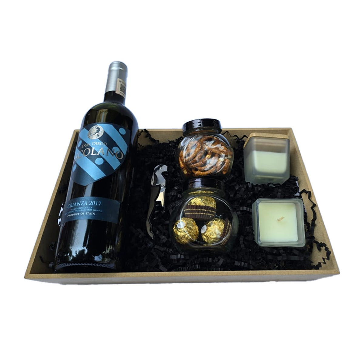 Canasta Premium de Vino Don Diego Escolano - Descorchador de Tres Tiempos, Velas Aromáticas y Botanas Gourmet