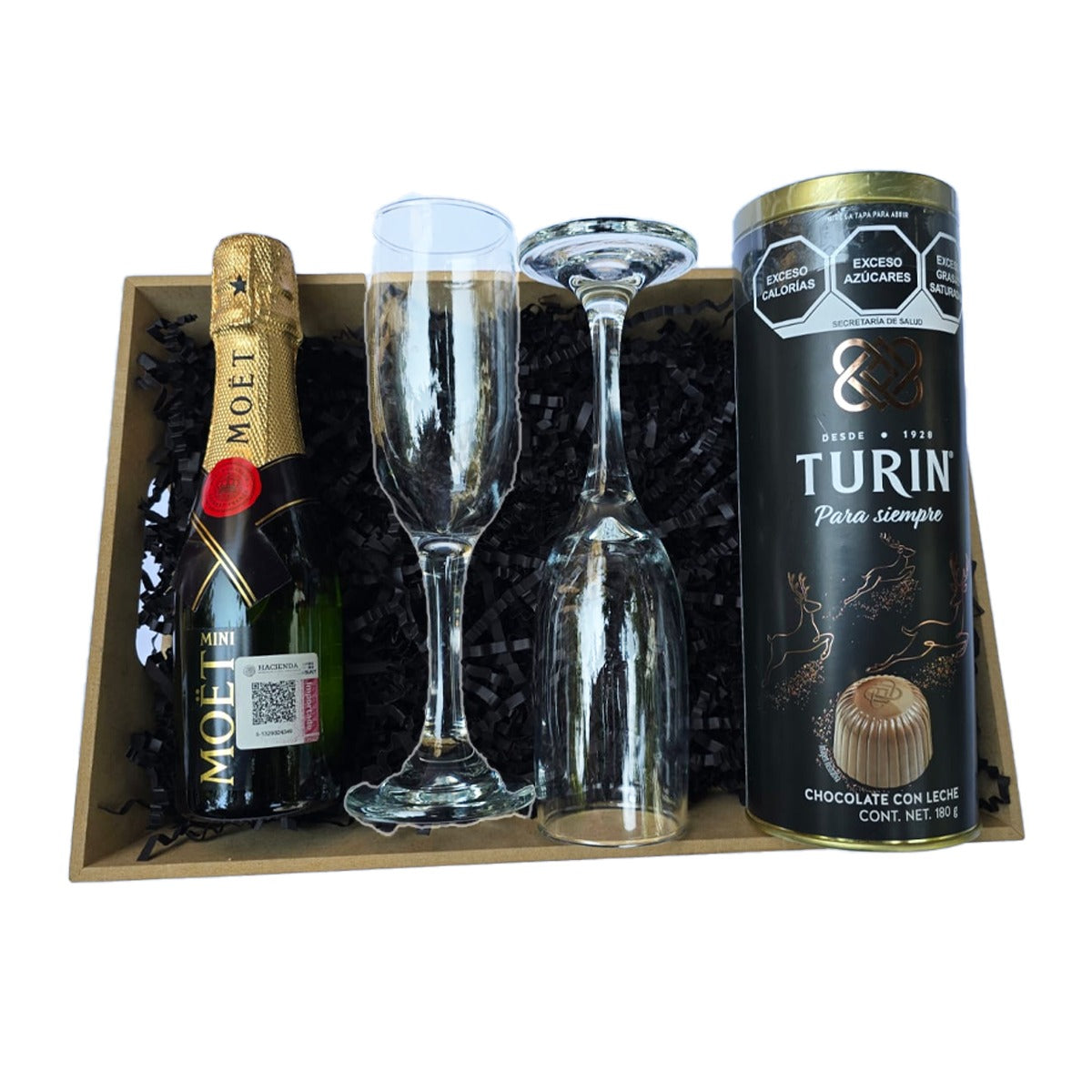 Canasta Premium de Champagne Moët - Copas Flauta Elegantes y Chocolates Turin