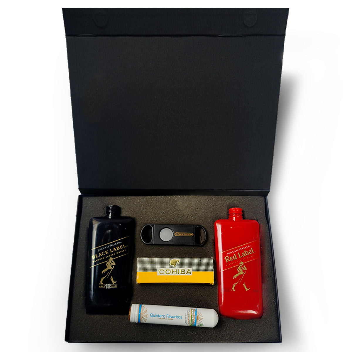 kit de Lujo con Whisky y Accesorios – Botella Black Label, Red Label, Puro, Cerillos Cohiba y Cortador de Puro