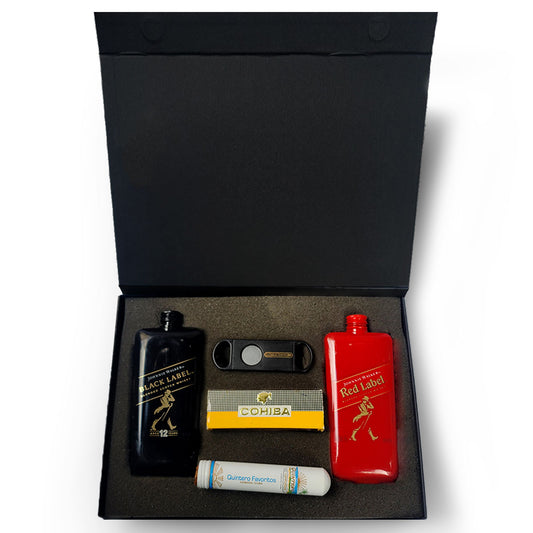 kit de Lujo con Whisky y Accesorios – Botella Black Label, Red Label, Puro, Cerillos Cohiba y Cortador de Puro| Exclusivo