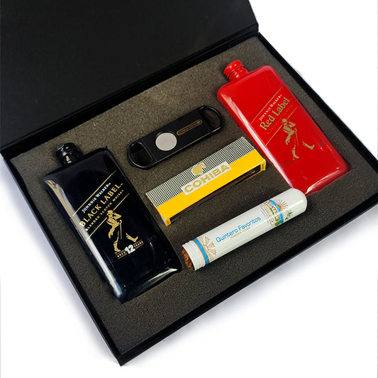 kit de Lujo con Whisky y Accesorios – Botella Black Label, Red Label, Puro, Cerillos Cohiba y Cortador de Puro| Exclusivo