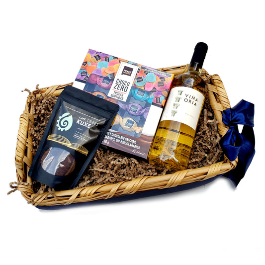 Canasta Con Vino Blanco Viña Oria, Chocolates Picard y Café Gourmet: Un Regalo Elegante y Personalizable