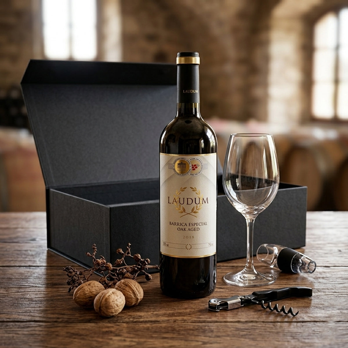 Regalo empresarial de lujo con vino tinto Laudum y complementos para cata de vinos