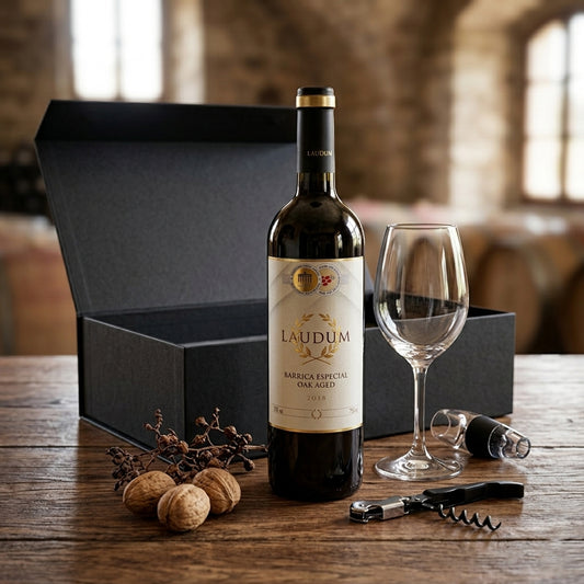Regalo empresarial de lujo con vino tinto Laudum y complementos para cata de vinos