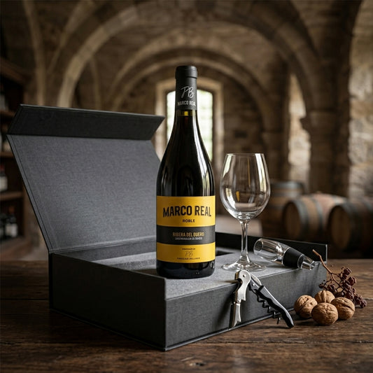 Regalo empresarial de lujo con vino Marco Real D.O Navarra y complementos para cata de vinos
