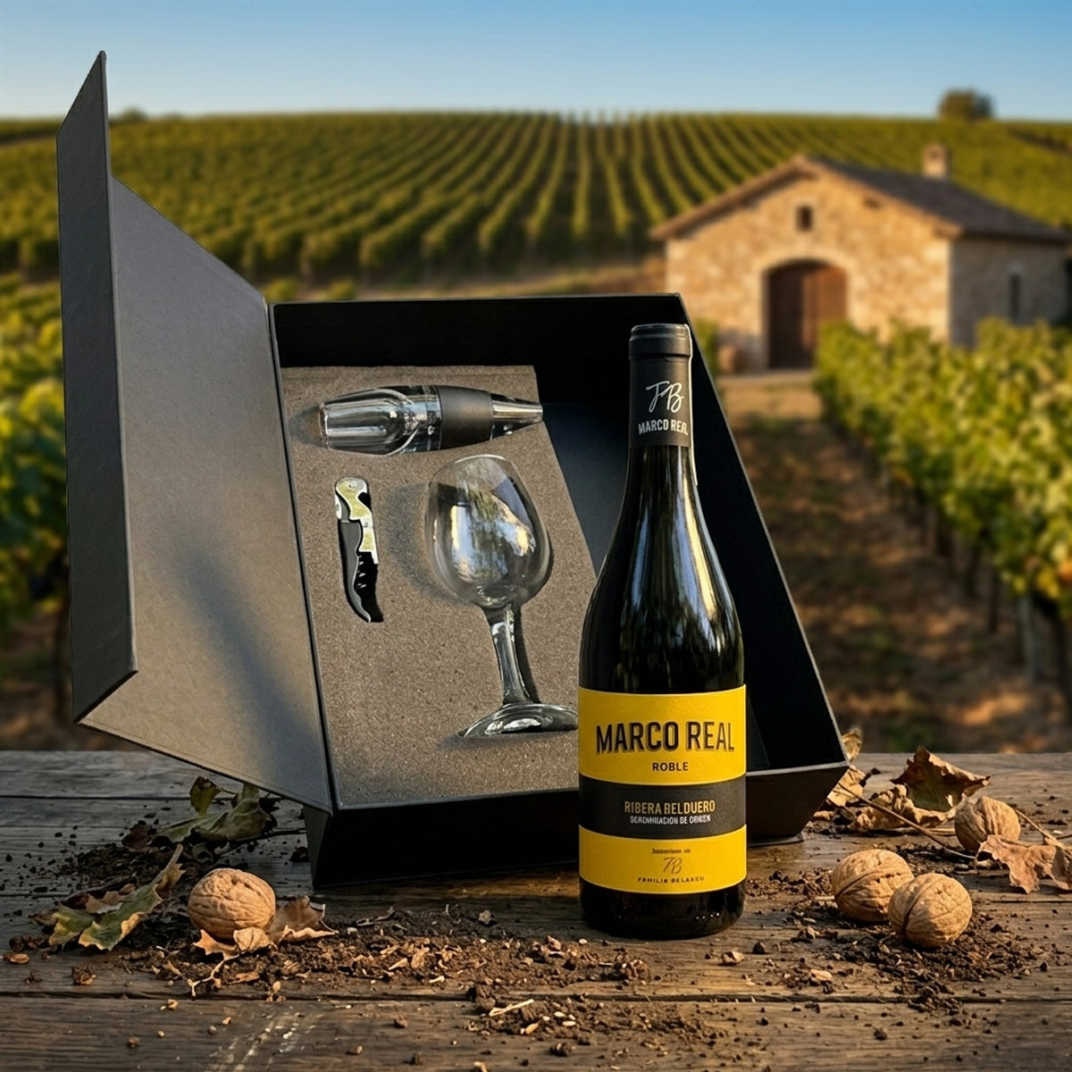 Regalo empresarial de lujo con vino Marco Real D.O Navarra y complementos para cata de vinos