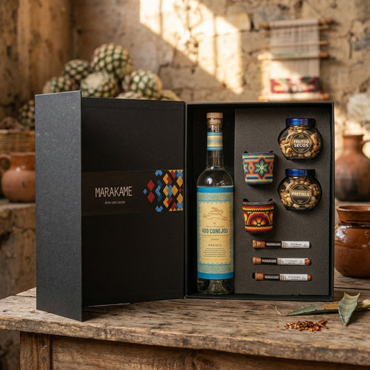 Regalo corporativo premium mezcal 400 Conejos con mezcaleros Arte Huichol y complementos para maridar