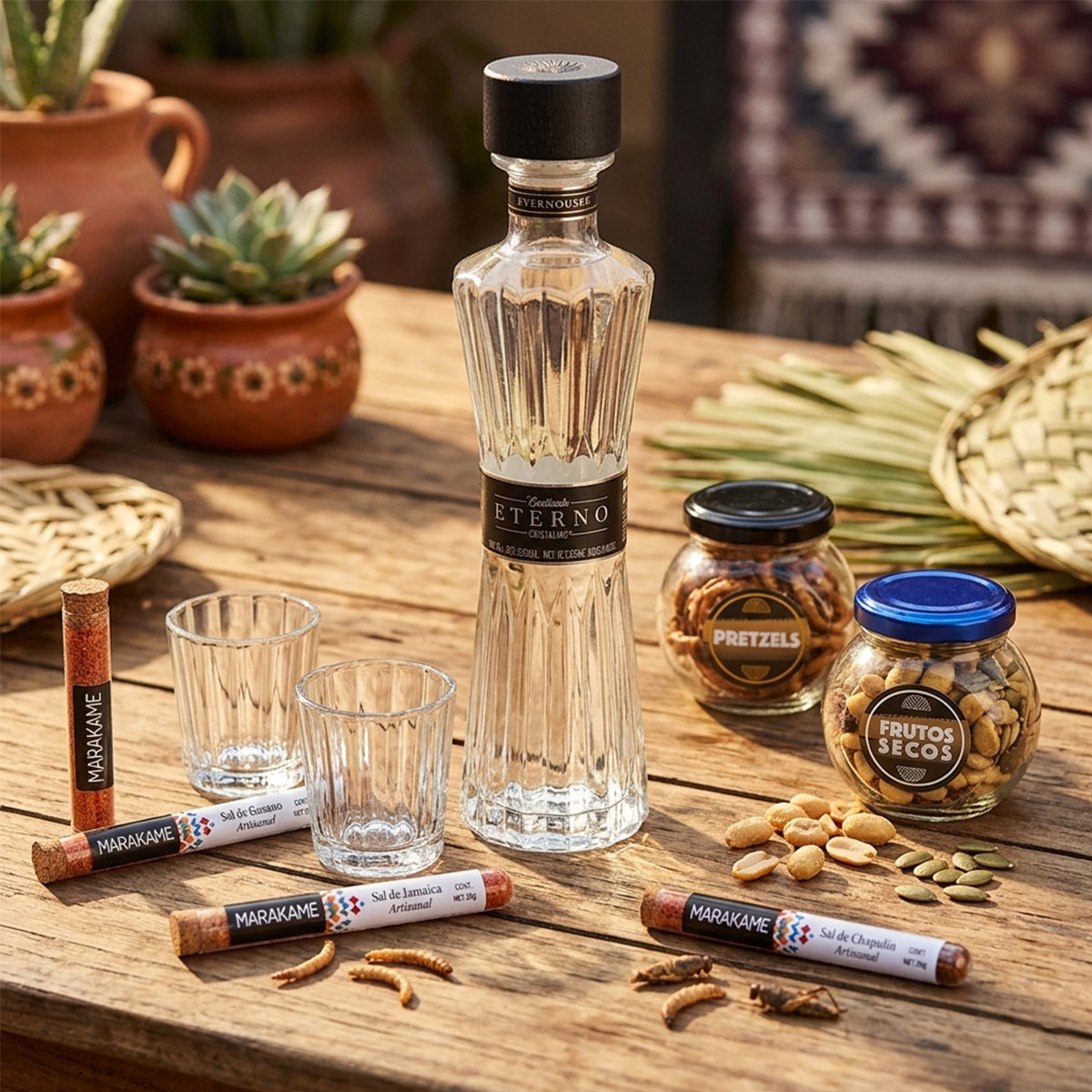 Regalo empresarial de lujo tequila Eterno con mezcaleros y complementos para maridar